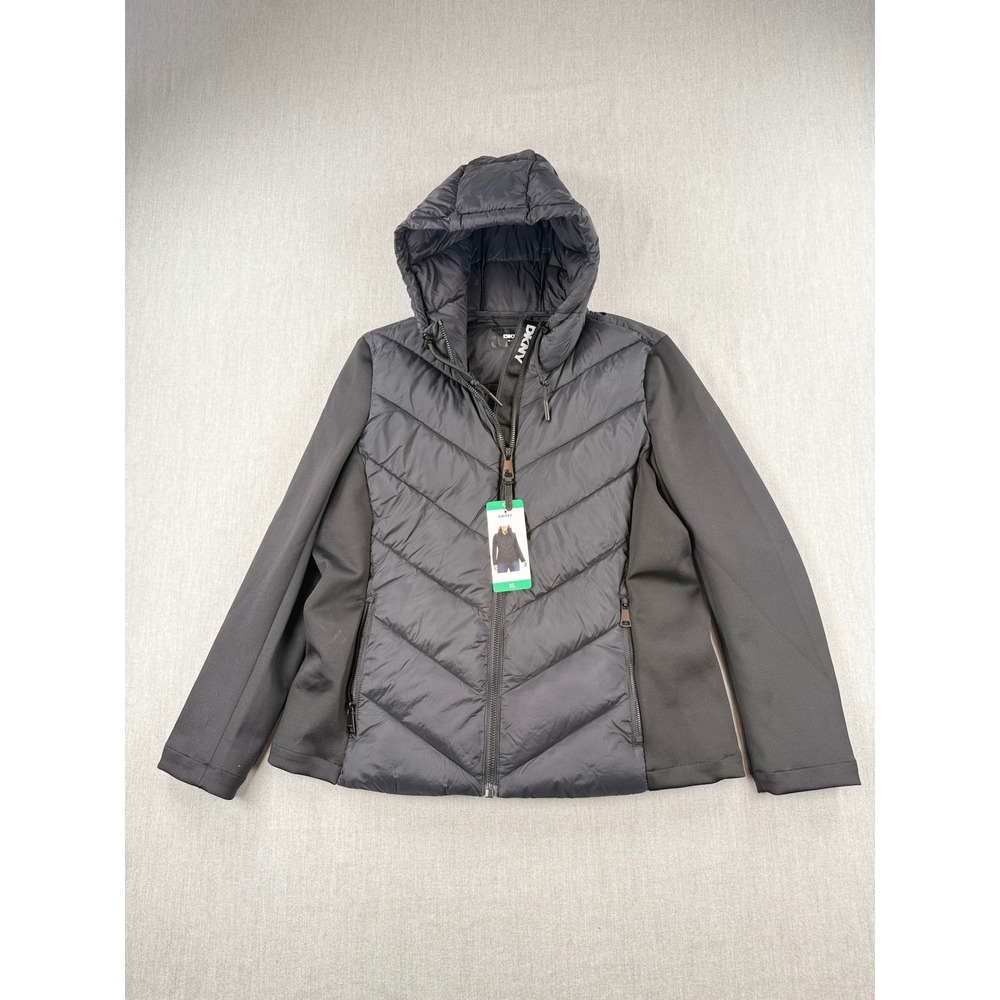DKNY Womens Mixed Media Hooded Puffer Jacket Black XL 1889464
